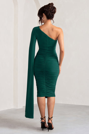 Yara Bottle Green One Shoulder Cape Ruched Midi Dress